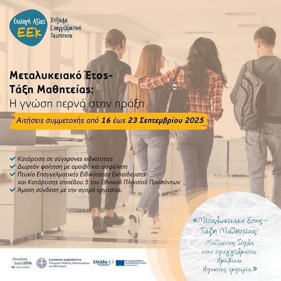 Image: Ξεκινούν οι αιτήσεις για το Μεταλυκειακό Έτος – Τάξη Μαθητείας 2025-26