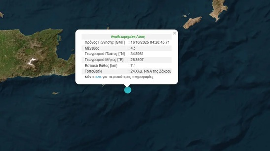 Image: Σεισμός 4,5 Ρίχτερ ανοιχτά της Σητείας